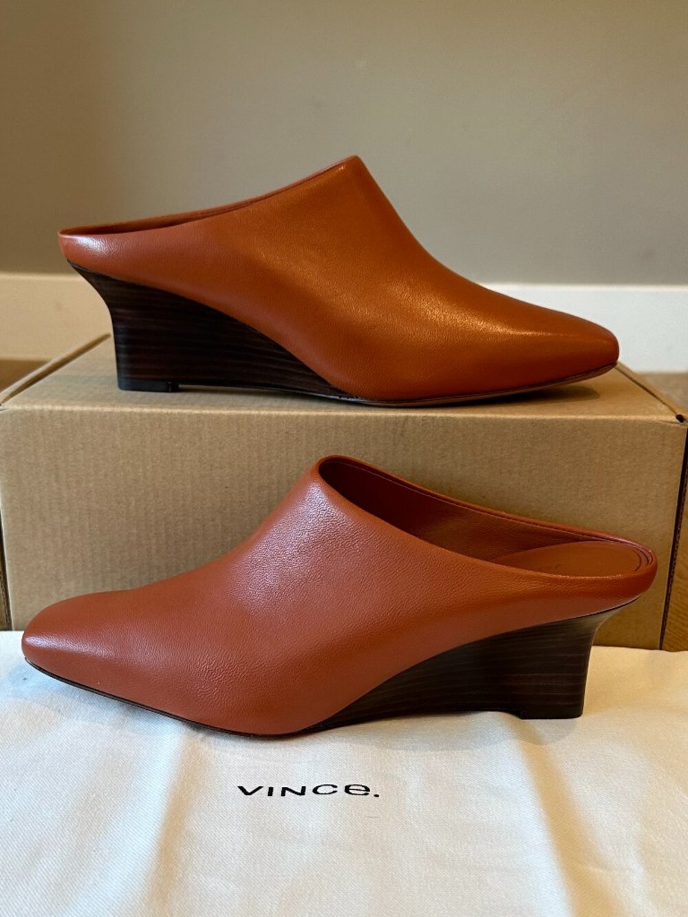 Vince Leather Benita Square Toe Slip On Clog Wedge Heel Pumps (Rust Amber) - Picture 10 of 16